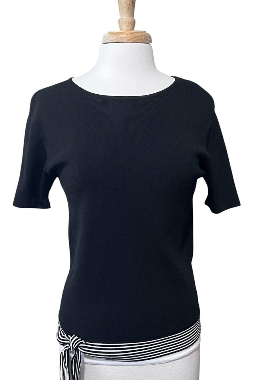 Vintage Once 1 Again Top Womens M Black Fine Rib Knit Side Bow Classic Parisian
